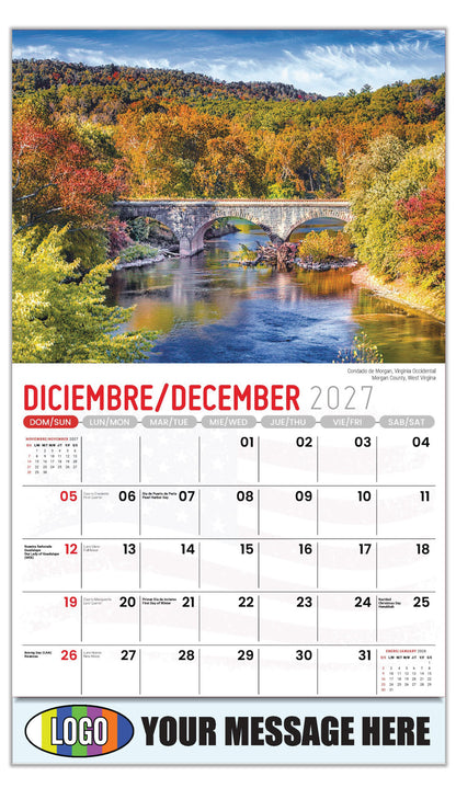 2027 Business Promotion Calendar - Scenes of America Bilingual - Condado de Morgan, Virginia Occidental - December