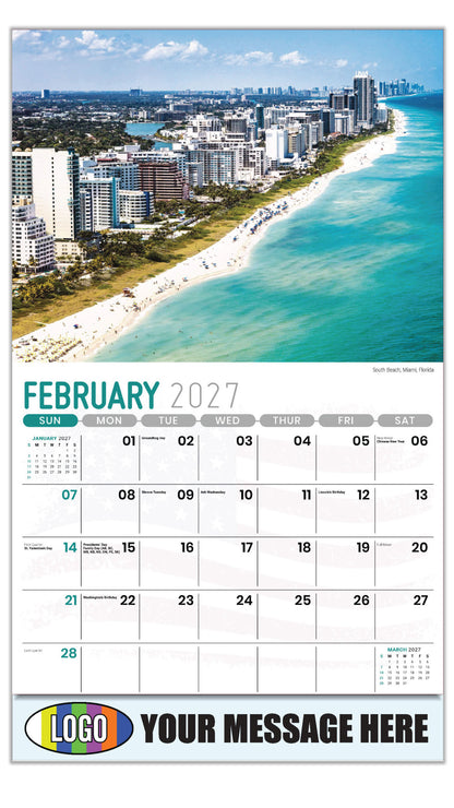 2027 Business Promotional Calendar - Scenes of America - South Beach, Miami, Florida  - February