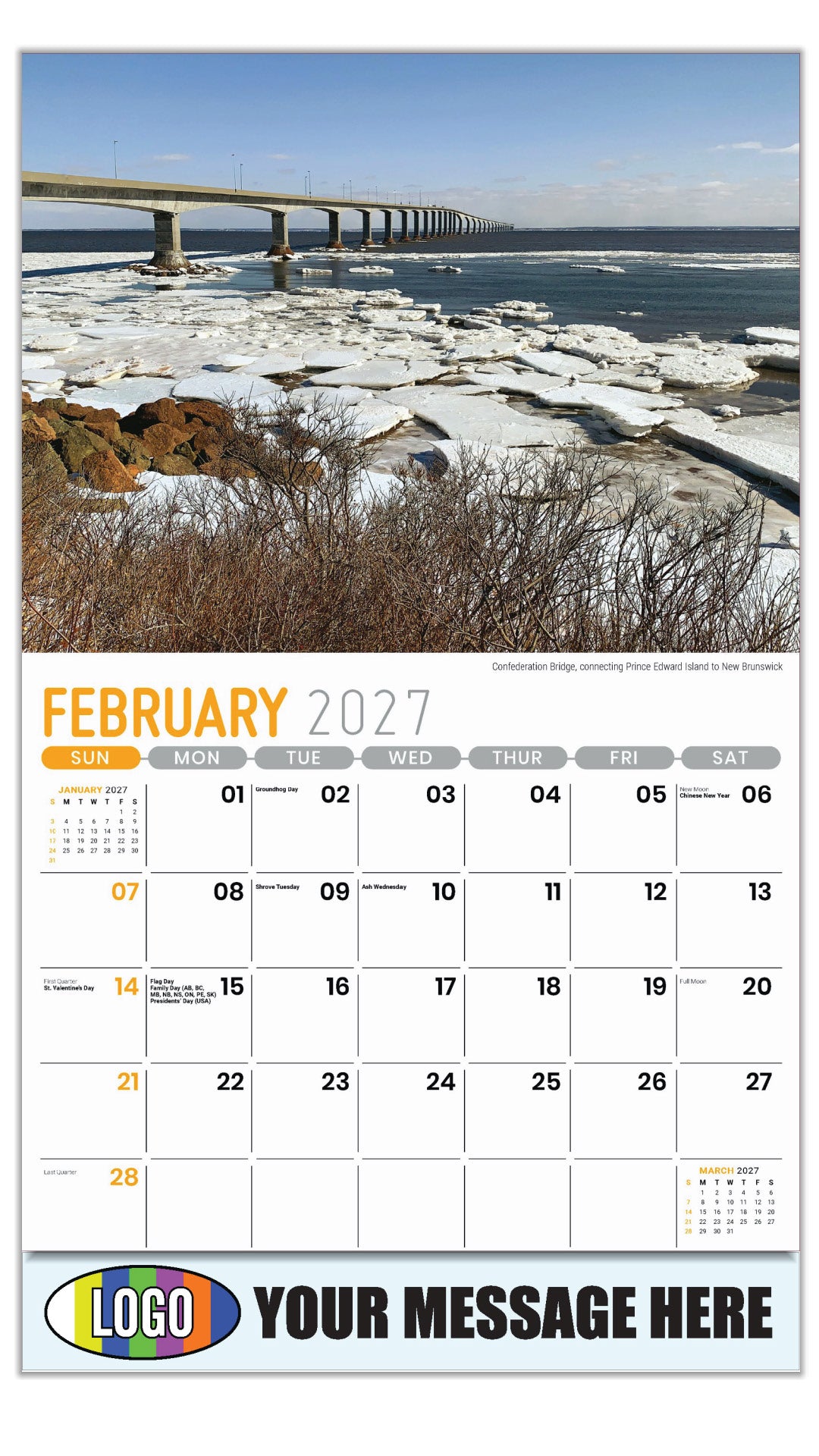 2027 Business Promotional Calendar - Atlantic Canada Scenic - Confederation Bridge, connecting Prince Edward Island to New Brunswick - February