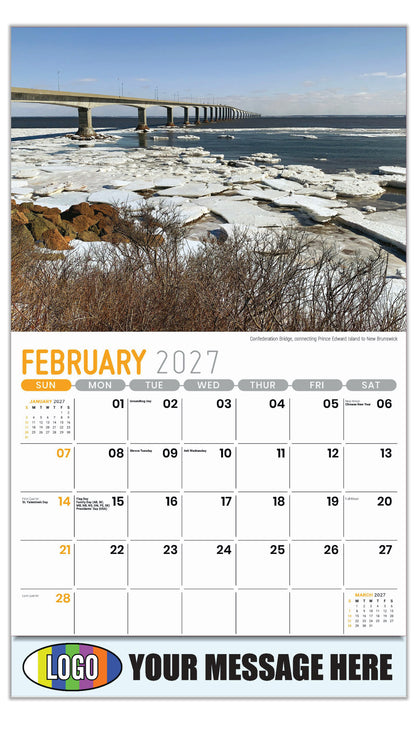 2027 Business Promotional Calendar - Atlantic Canada Scenic - Confederation Bridge, connecting Prince Edward Island to New Brunswick - February