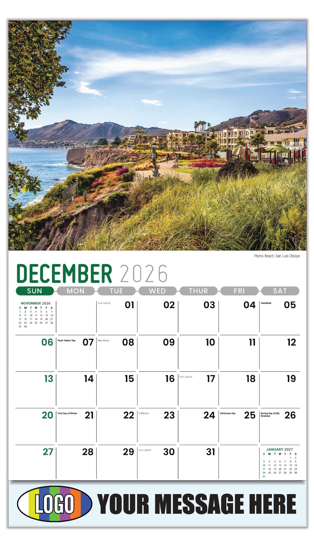 2027 Business Promotional Calendar - Scenes of California - Pismo Beach, San Luis Obispo - December_a