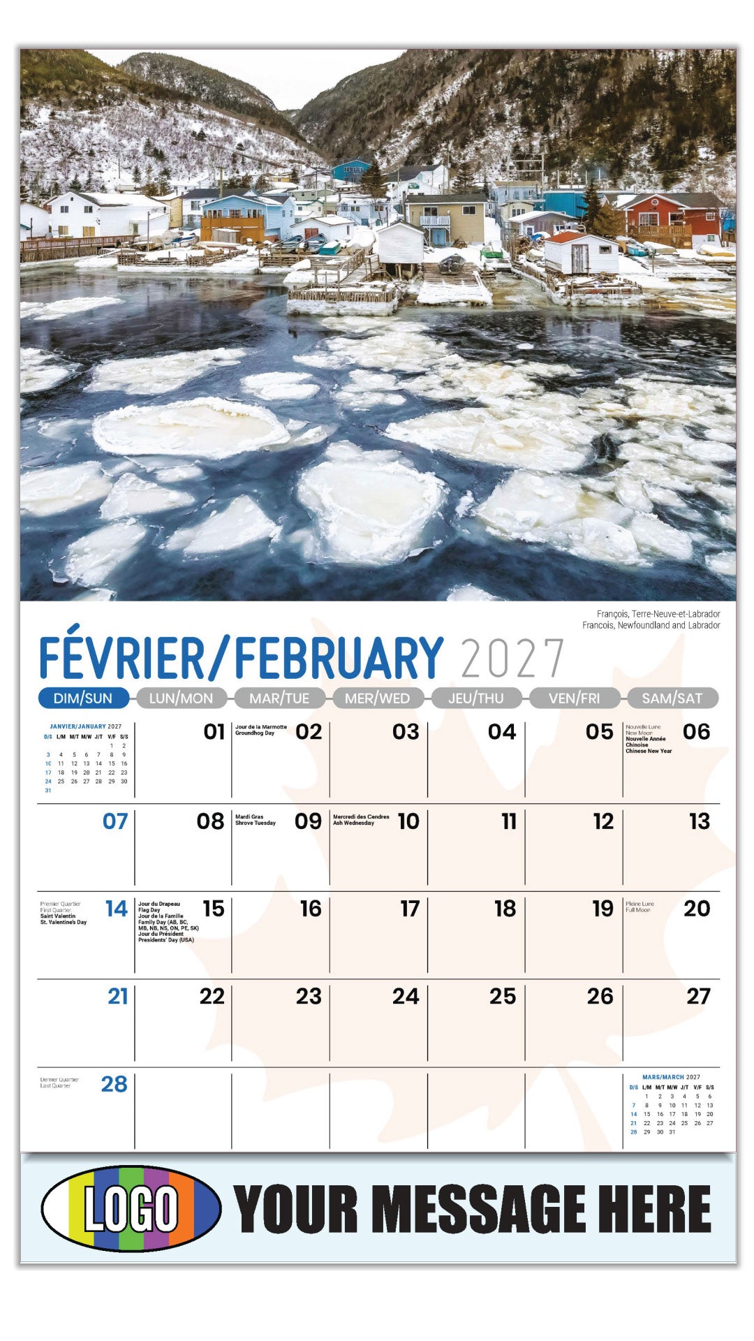 2027 Business Promotional Calendar - Scenes of Canada - François, Terre-Neuve-et-Labrador - February