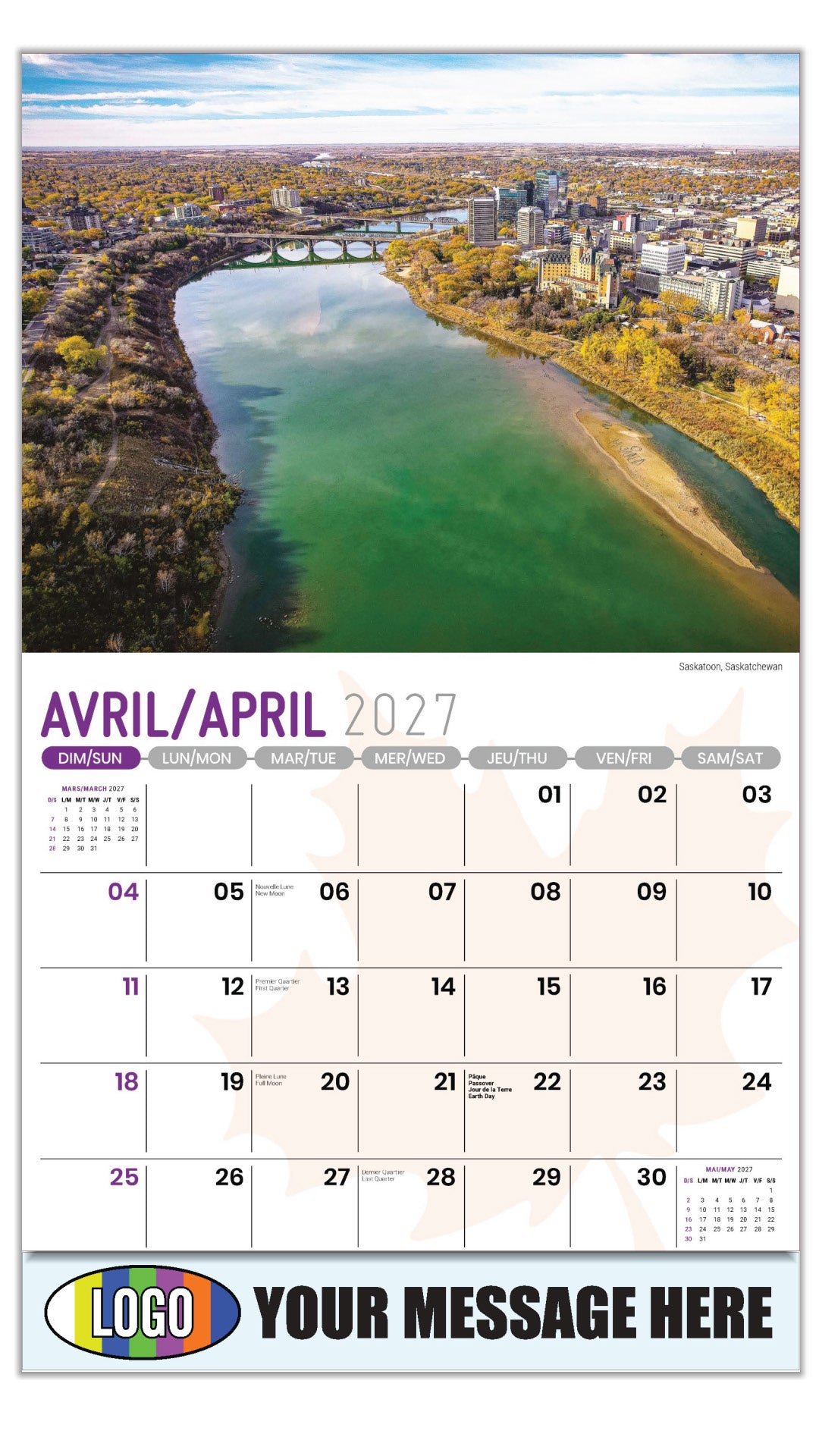 2027 Business Advertising Calendar - Scenes of Canada - Saskatoon, Saskatchewan - April