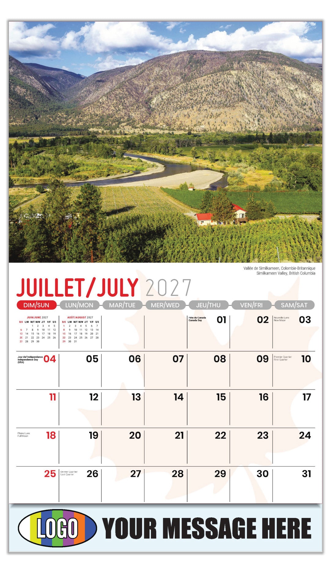 2027 Business Promo Calendar - Scenes of Canada - Vallée de Similkameen, Colombie-Britannique - July