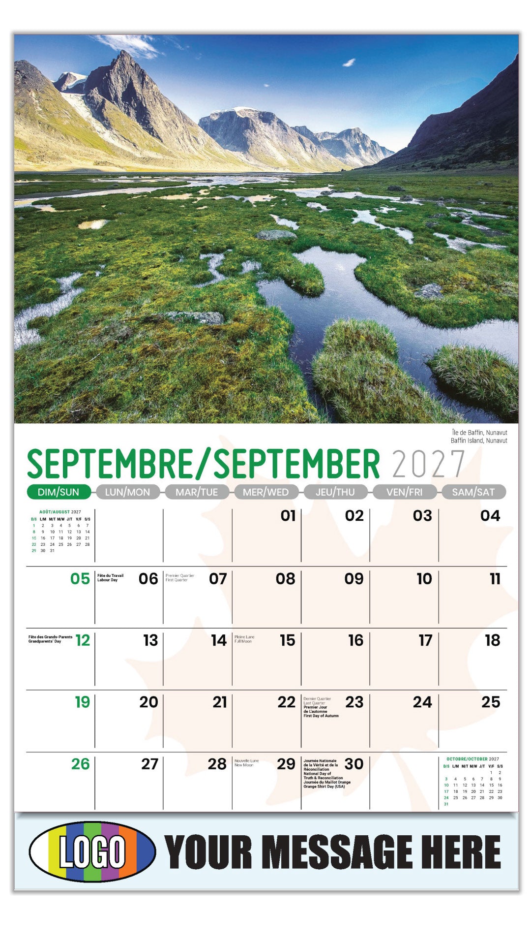 2027 Business Promo Calendar - Scenes of Canada - Île de Baffin, Nunavut - September