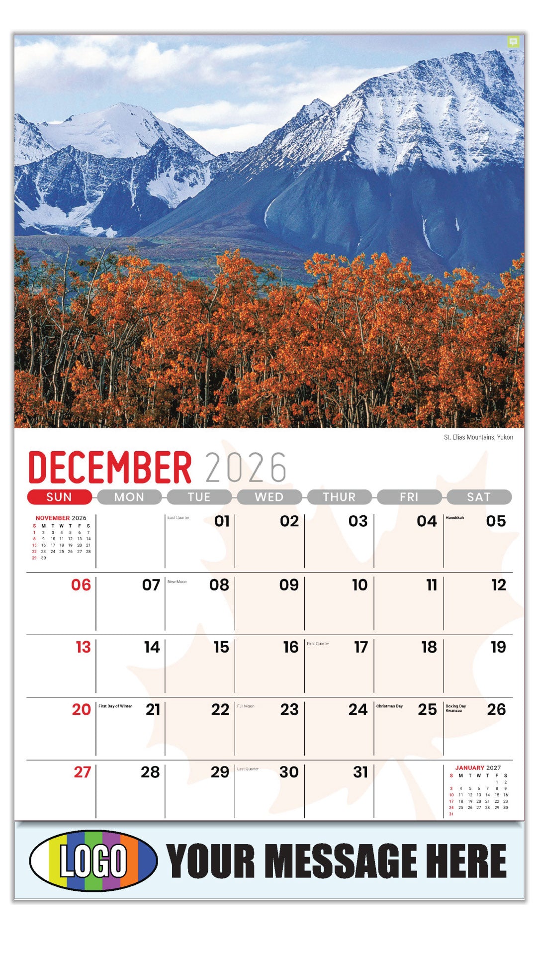 2027 Scenes of Canada Business Promotional Calendar - St. Elias Mountains, Yukon - December_a