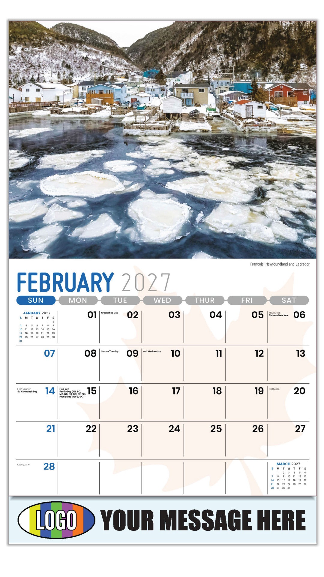 2027 Scenes of Canada Business Promotional Calendar - Francois, Newfoundland and Labrador - February