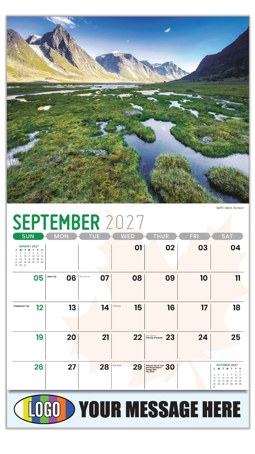 2027 Scenes of Canada Business Promo Calendar - Baffin Island, Nunavut - September