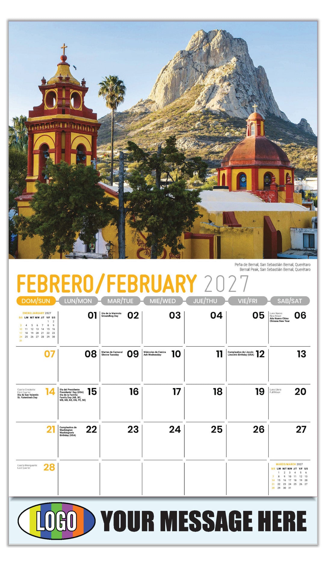 2027 Business Promotional Calendar - Scenes of Mexico - Bernal Peak, San Sebastián Bernal, Querétaro | 
Peña de Bernal, San Sebastián Bernal, Querétaro - February