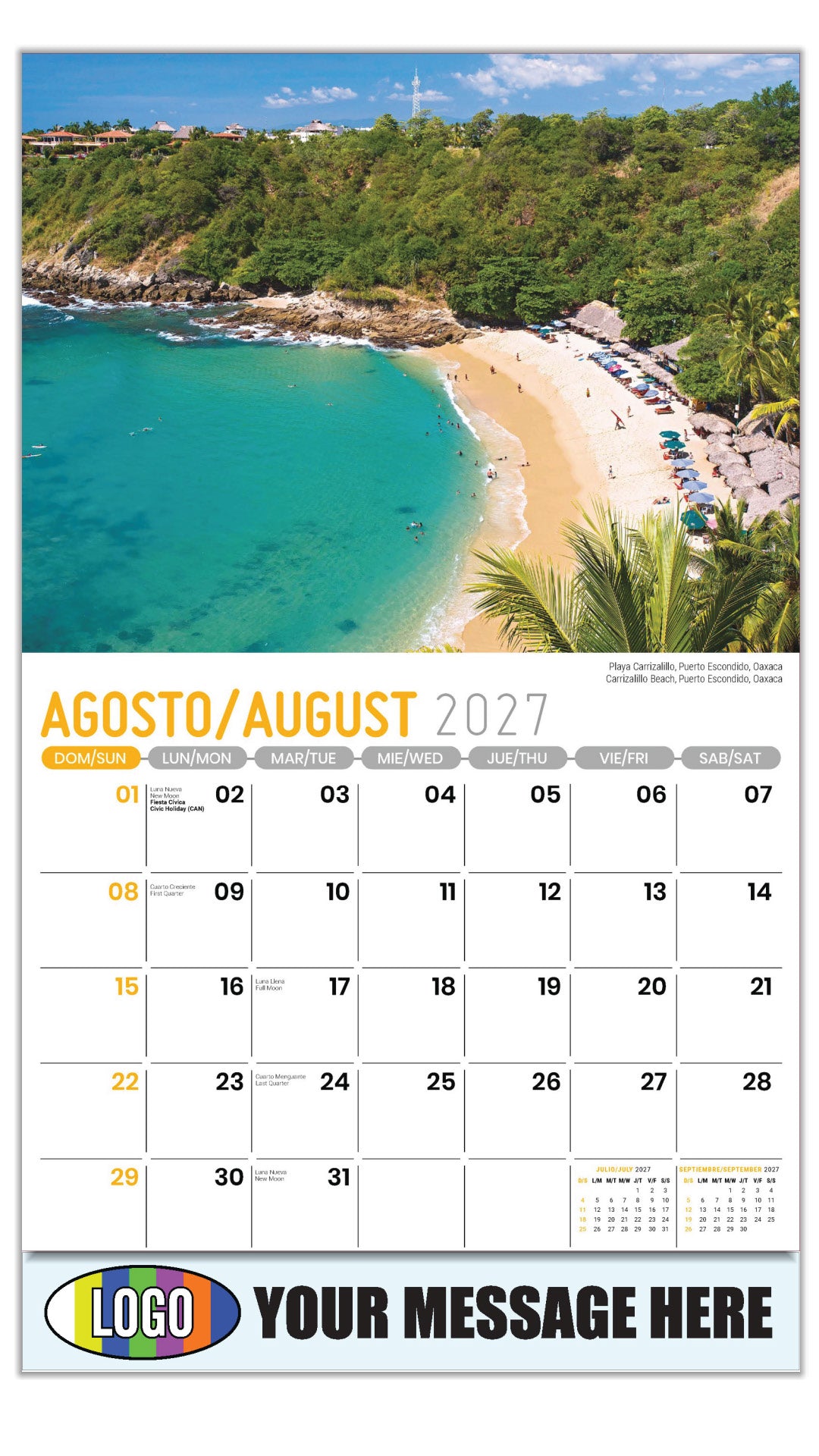 2027 Business Promo Calendar - Scenes of Mexico - Carrizalillo Beach, Puerto Escondido, Oaxaca | 
Playa Carrizalillo, Puerto Escondido, Oaxaca - August