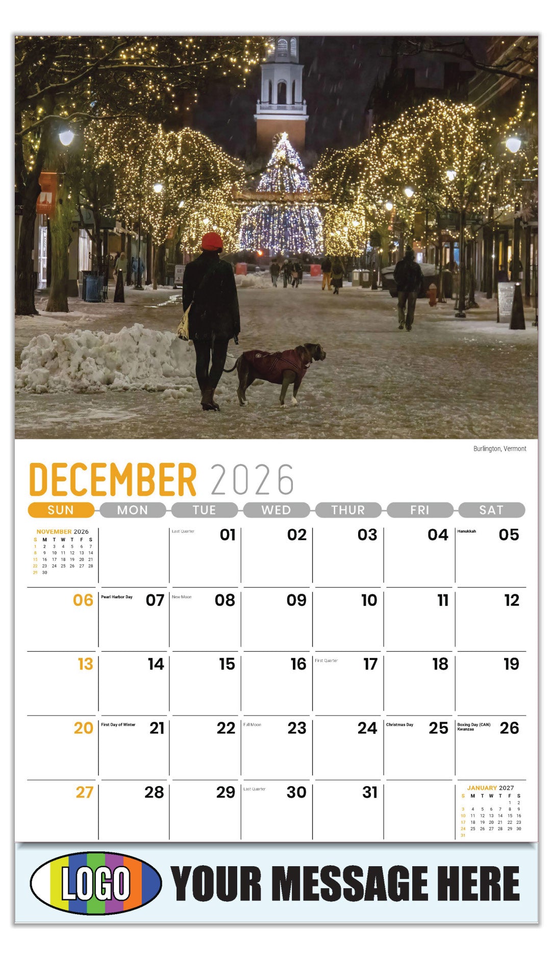 2027 Business Promotional Calendar - Scenes of New England - Burlington, Vermont - December_a