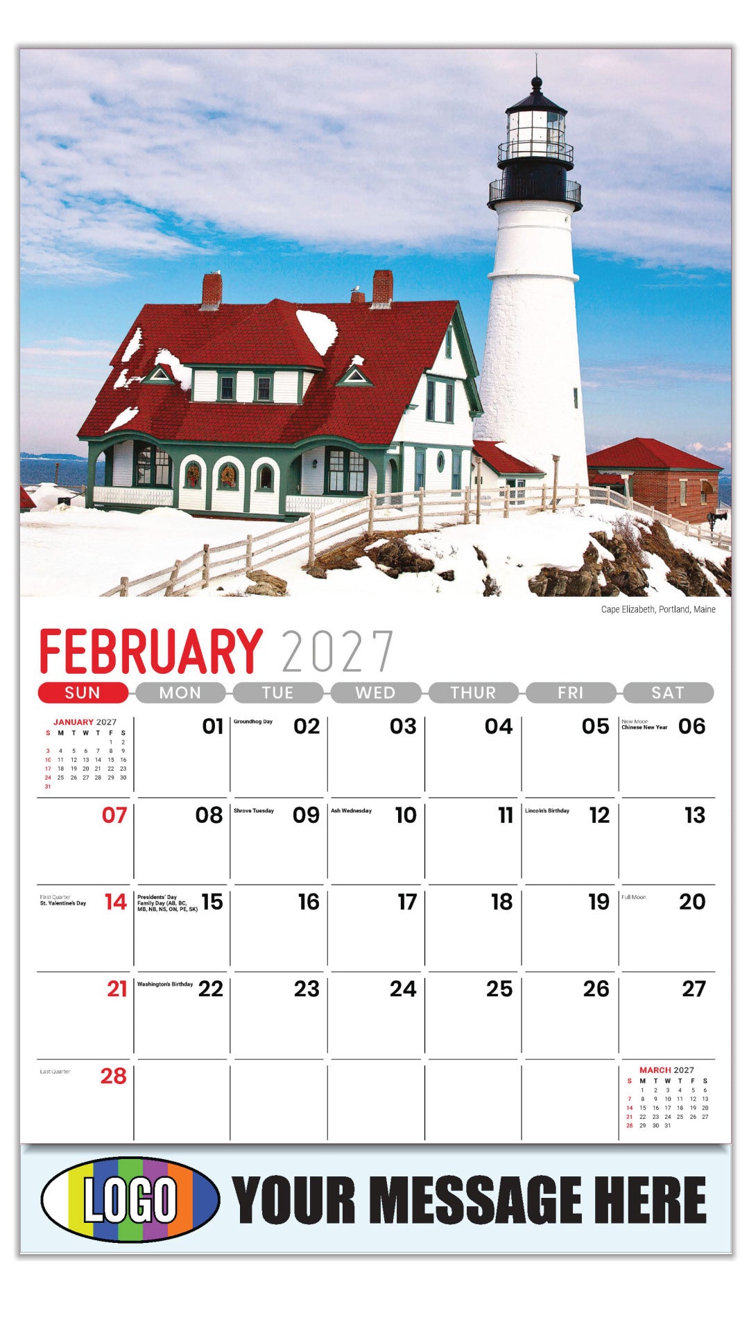 2027 Business Promotional Calendar - Scenes of New England - Cape Elizabeth, Portland, Maine - February