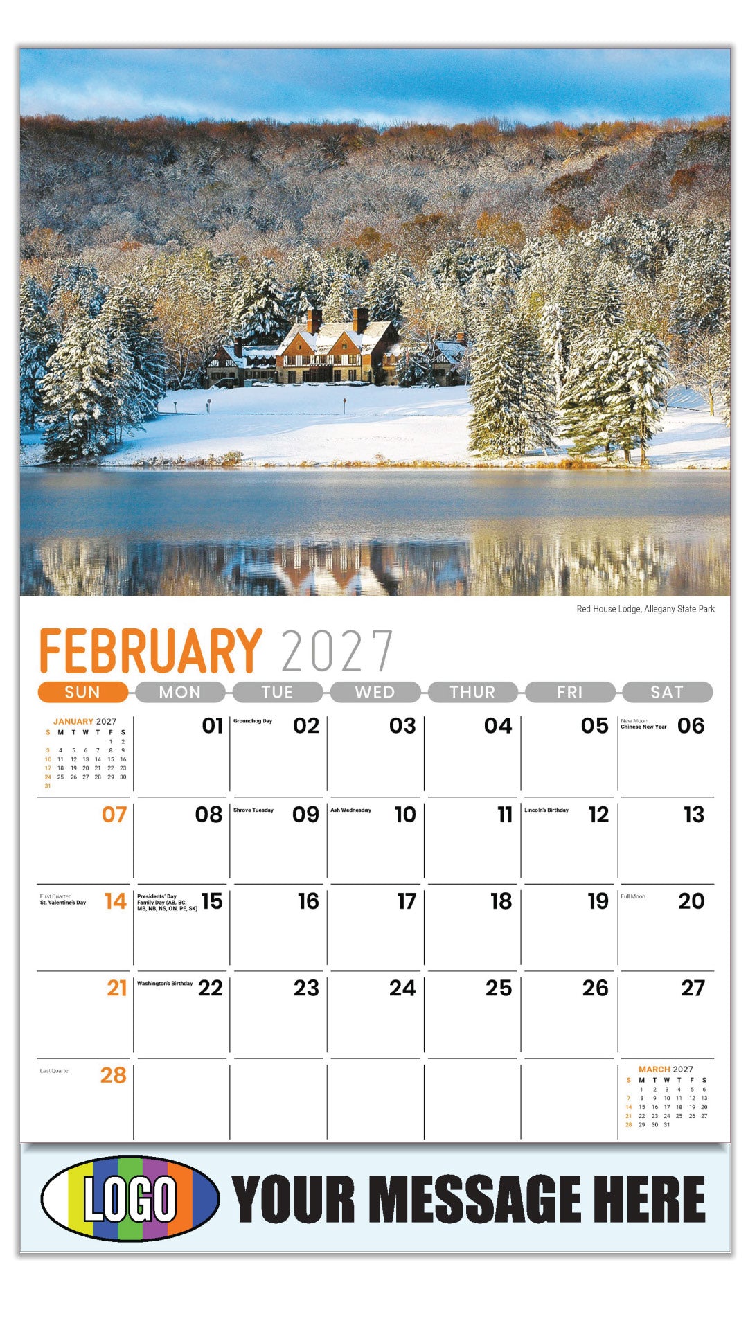 2027 Business Promotional Calendar - Scenes of New York - Red House Lodge, Allegany State Park - February