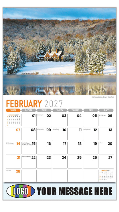2027 Business Promotional Calendar - Scenes of New York - Red House Lodge, Allegany State Park - February
