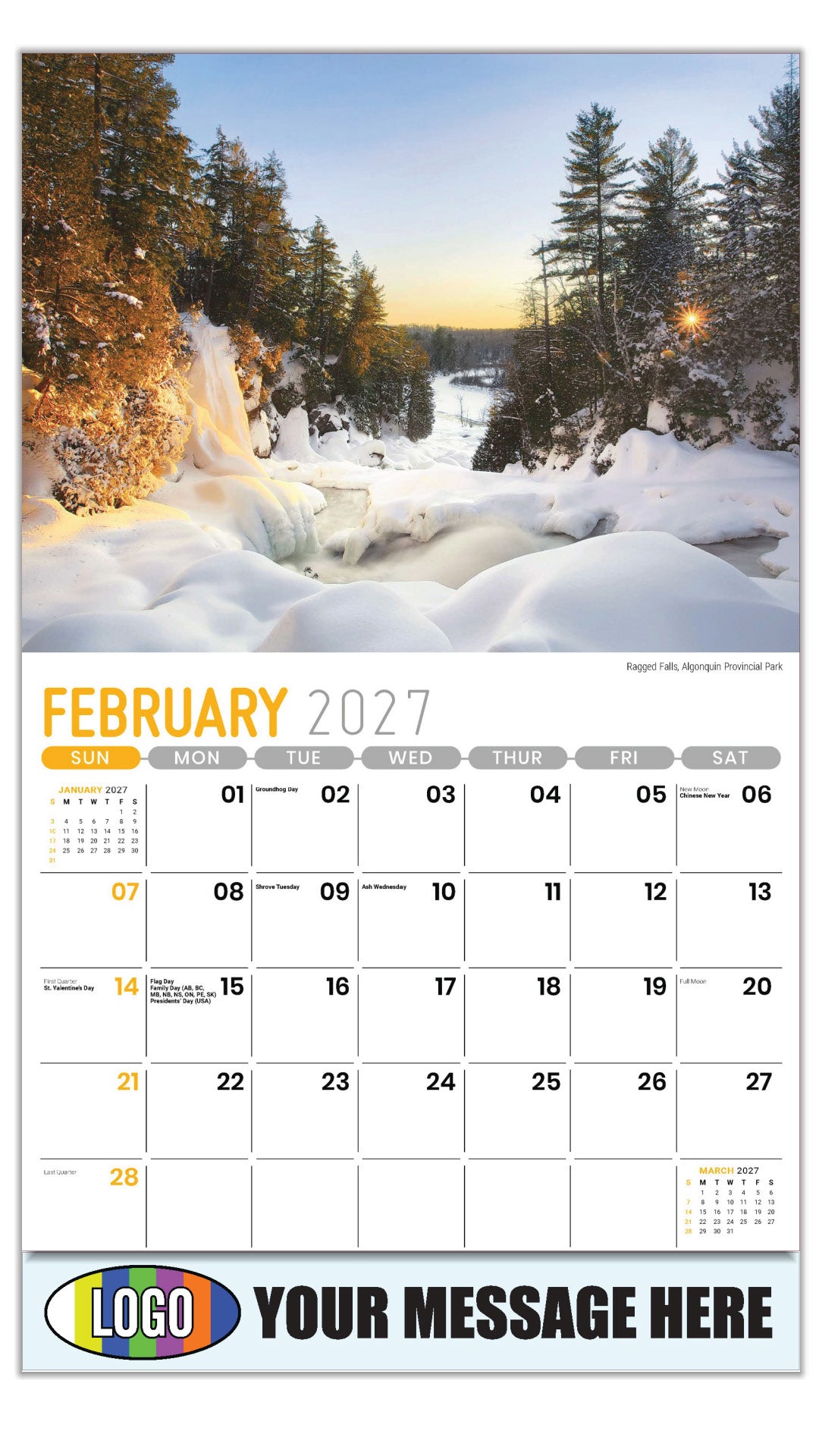 2027 Business Promotional Calendar - Scenes of Ontario - Ragged Falls, Algonquin Provincial Park - February