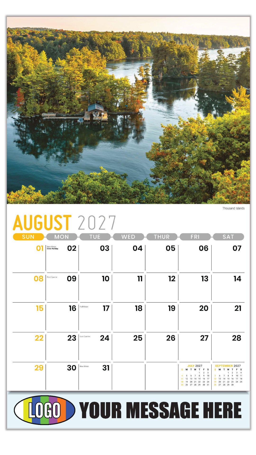 2027 Business Promo Calendar - Scenes of Ontario - 
Thousand Islands - August