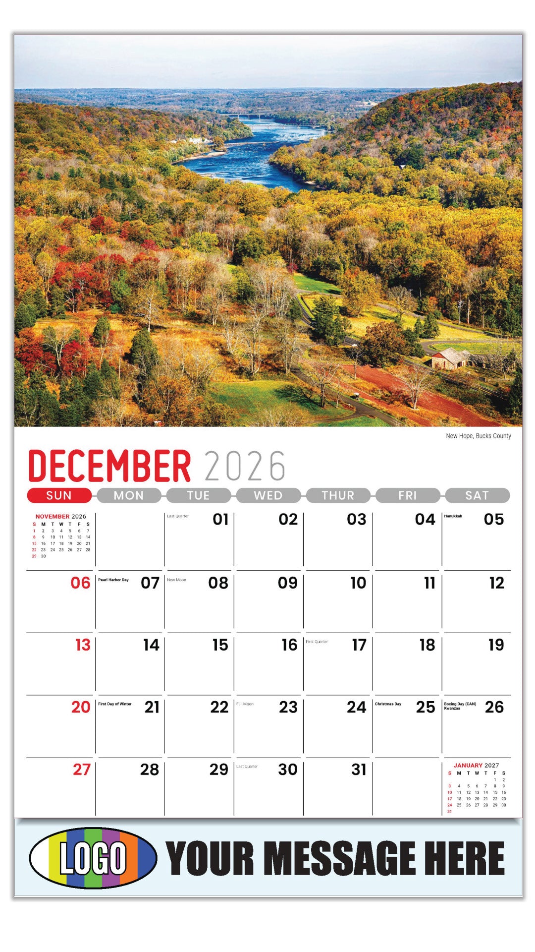 2027 Business Promotional Calendar - Scenes of Pennsylvania - New Hope, Bucks County - December_a