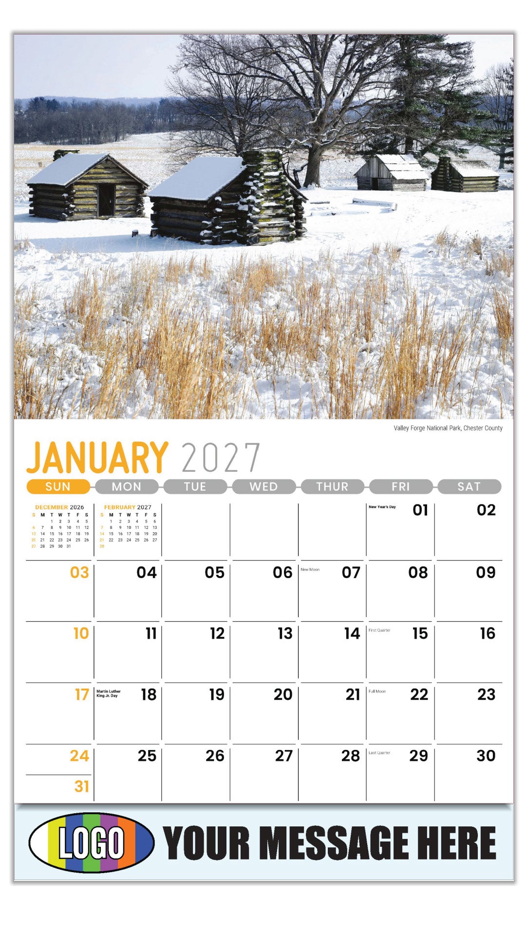 2027 Business Promotional Calendar - Scenes of Pennsylvania - Valley Forge National Park, Chester County - January