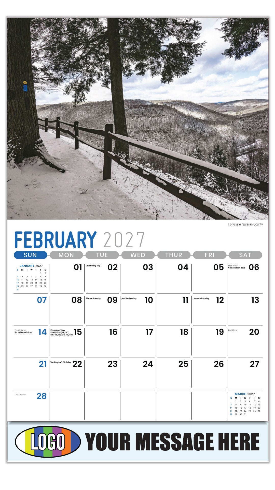 2027 Business Promotional Calendar - Scenes of Pennsylvania - Forksville , Sullivan County - February