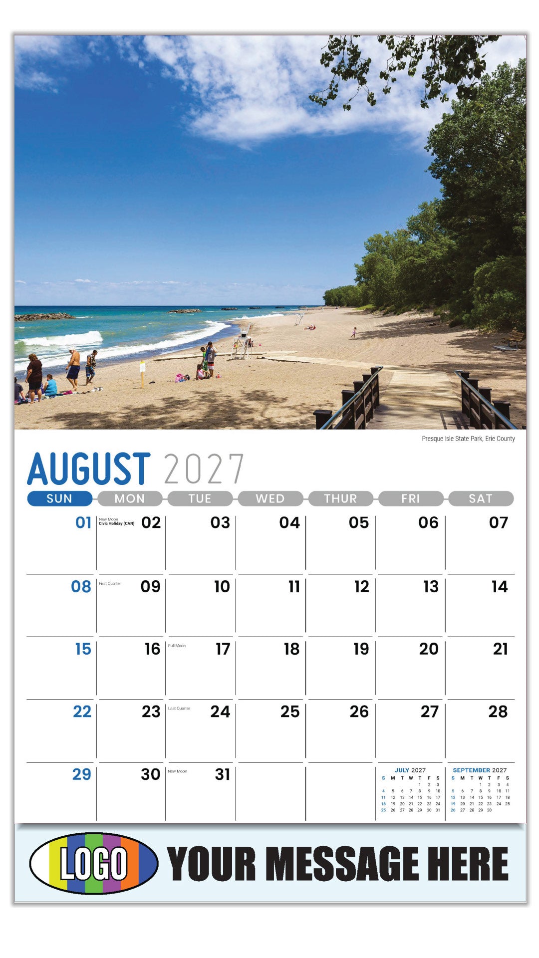 2027 Business Promo Calendar - Scenes of Pennsylvania - Presque Isle State Park, Erie County - August