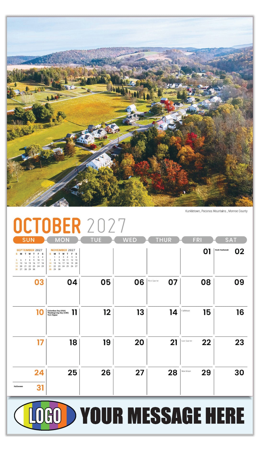 2027 Business Promotion Calendar - Scenes of Pennsylvania - Kunkletown, Poconos Mountains , Monroe County - October