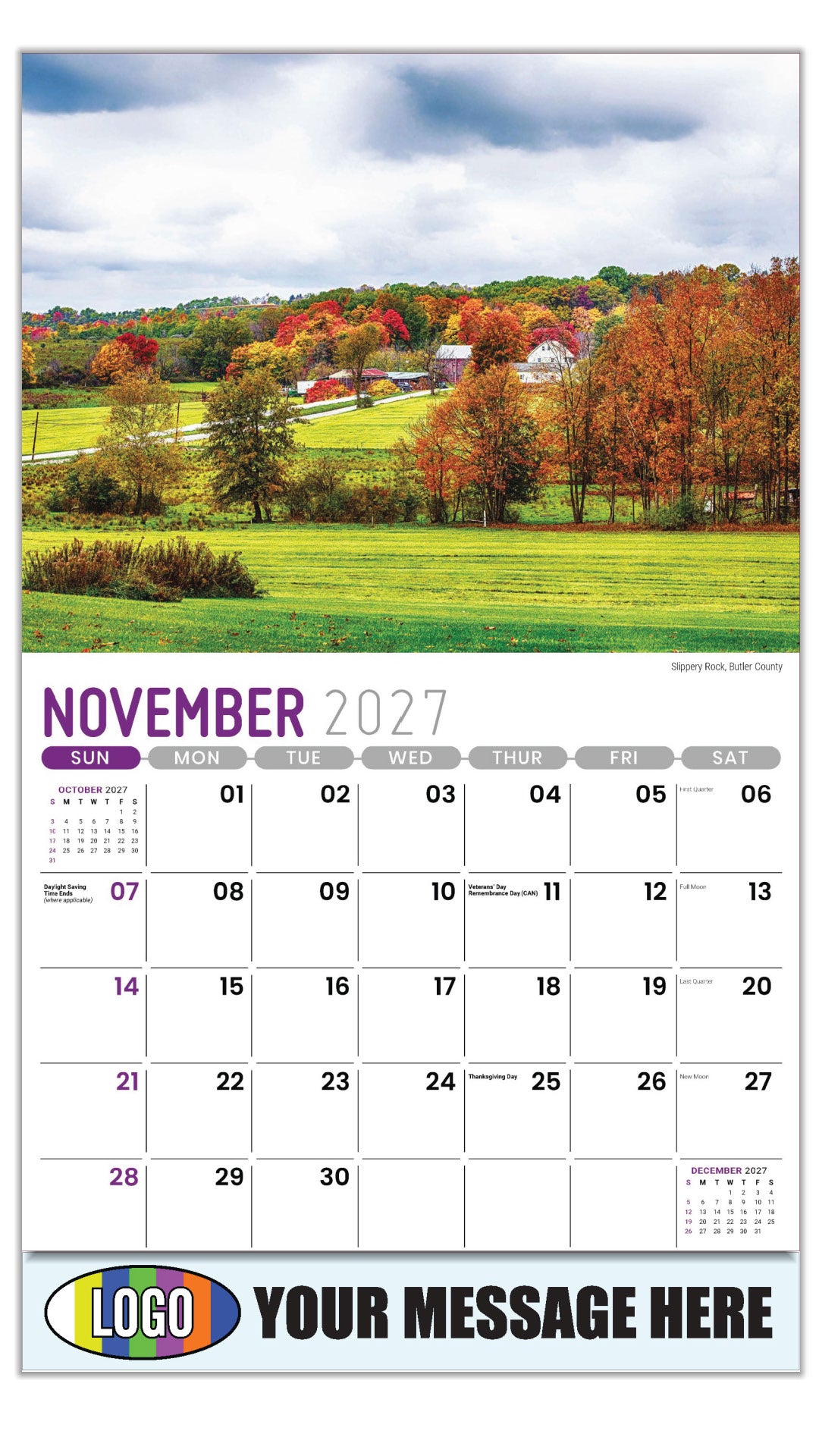 2027 Business Promotion Calendar - Scenes of Pennsylvania - Slippery Rock, Butler County - November
