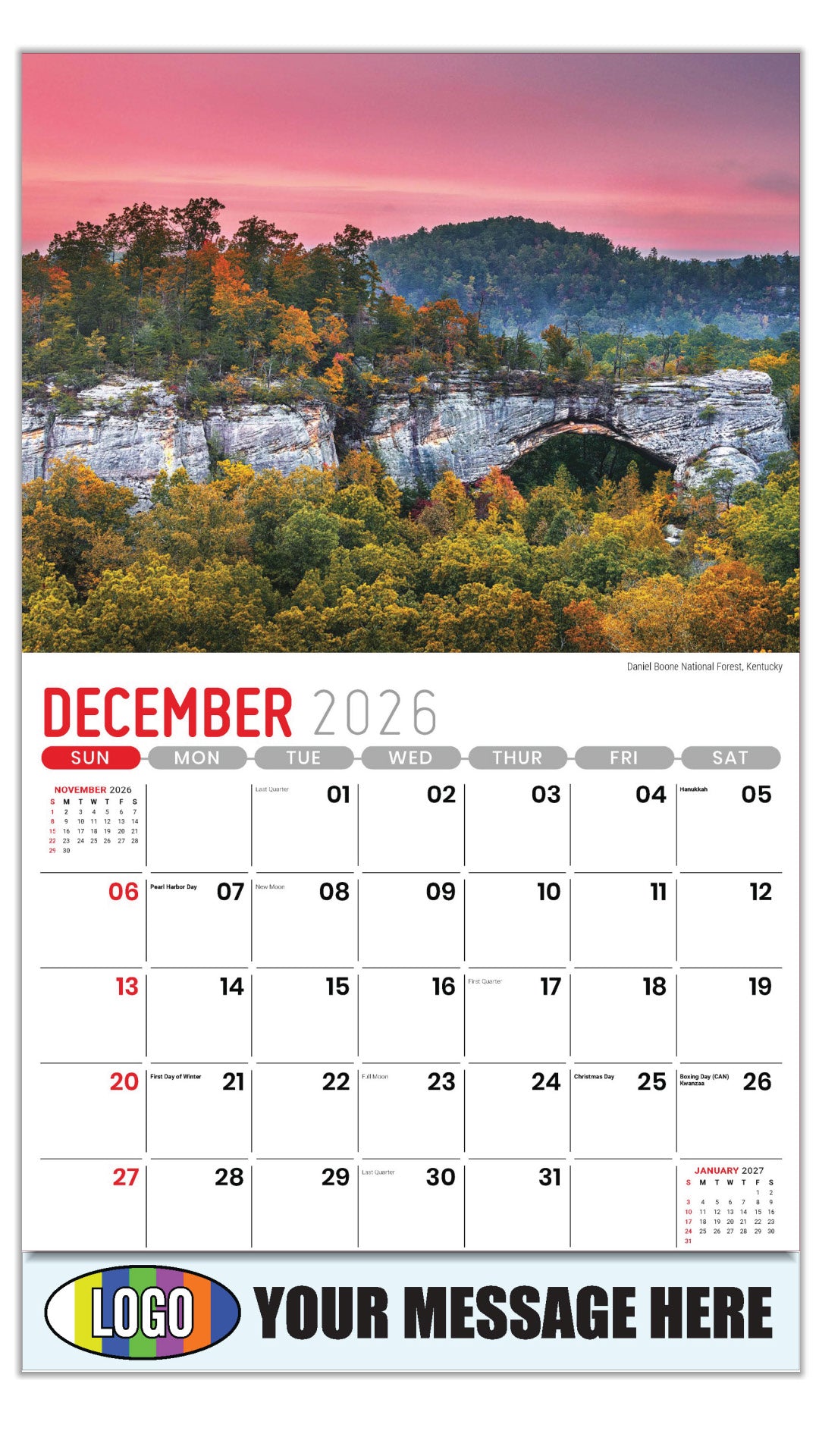 2027 Business Promotional Calendar - Scenes of Southeast USA - Daniel Boone National Forest, Kentucky - December_a