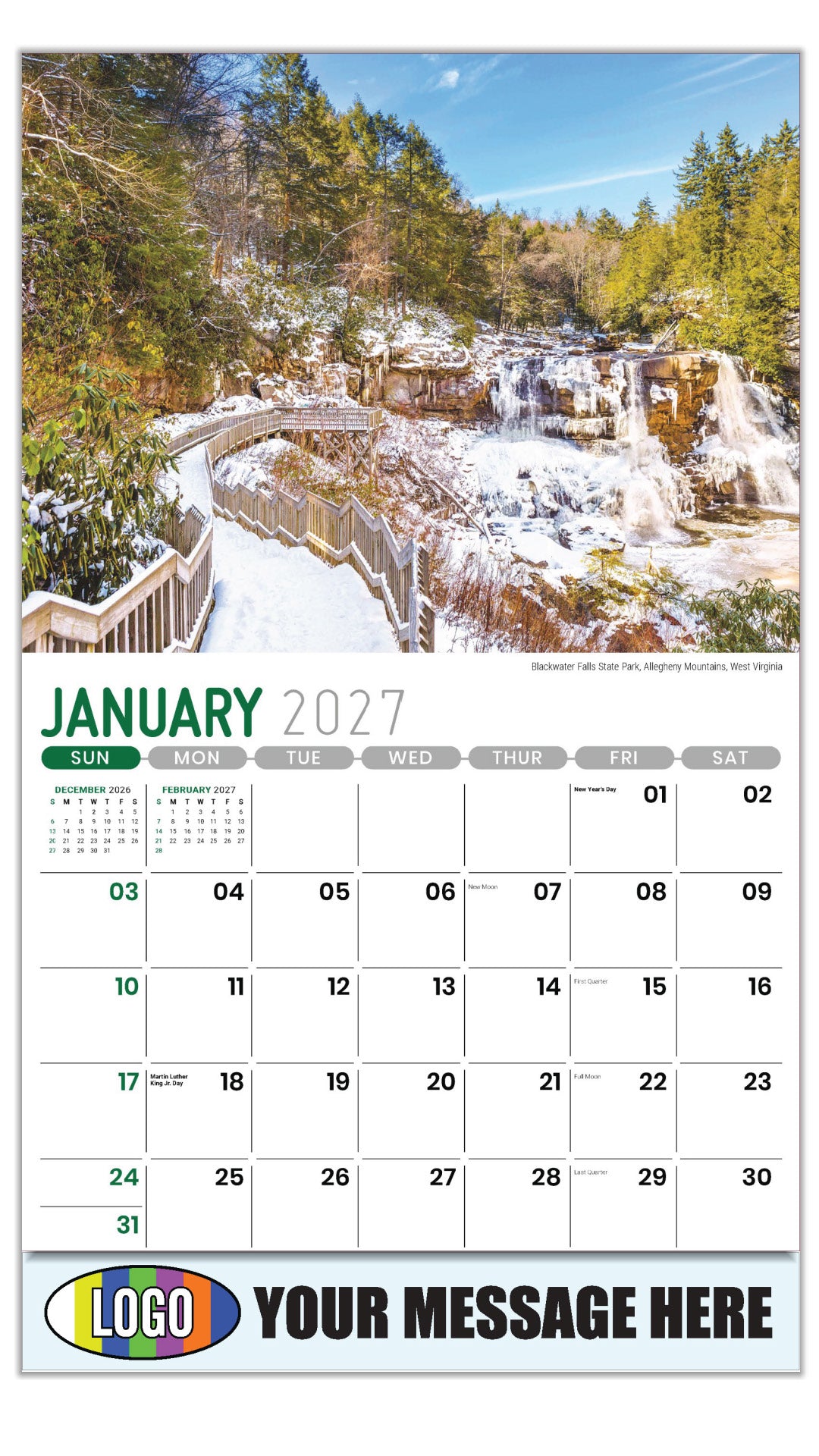 2027 Business Promotional Calendar - Scenes of Southeast USA - Blackwater Falls State Park, Allegheny Mountains, West Virginia - January