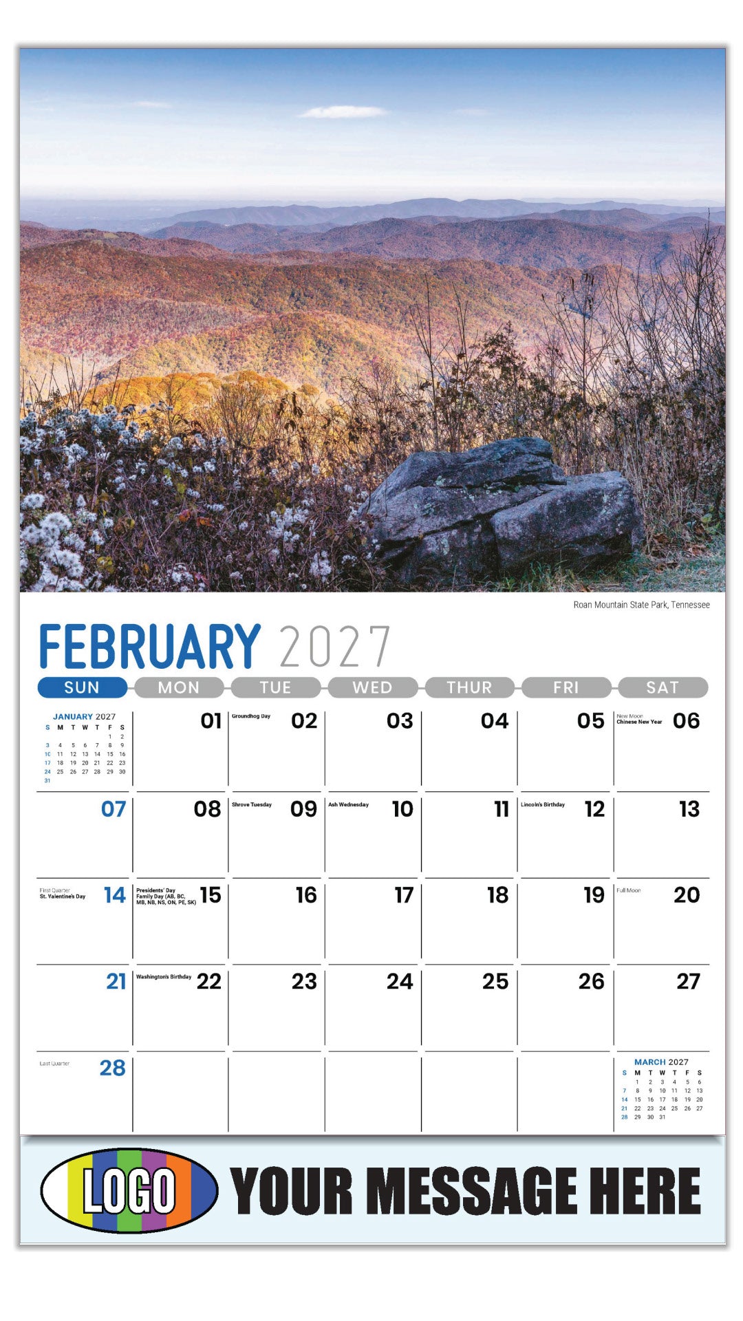 2027 Business Promotional Calendar - Scenes of Southeast USA - Roan Mountain State Park , Tennessee - February