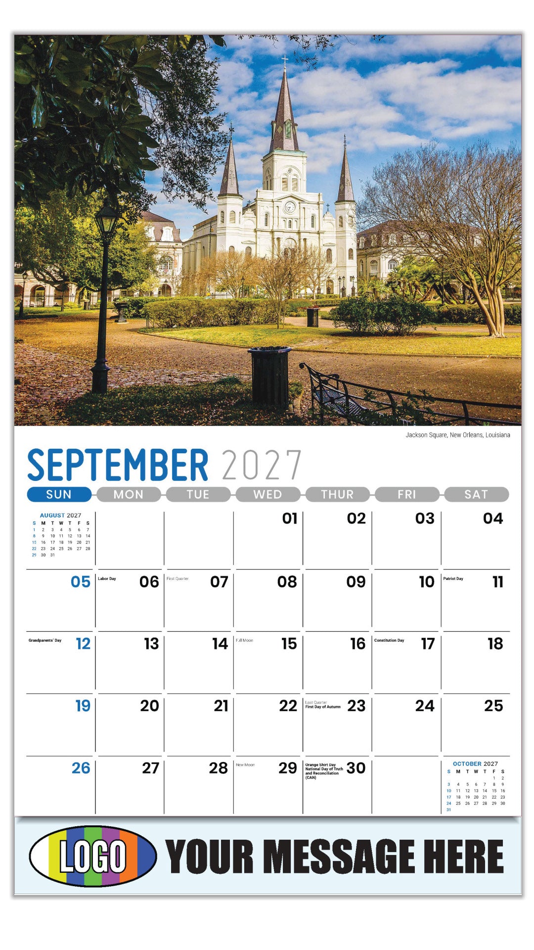 2027 Business Promo Calendar - Scenes of Southeast USA - Jackson Square, New Orleans, Louisiana  - September