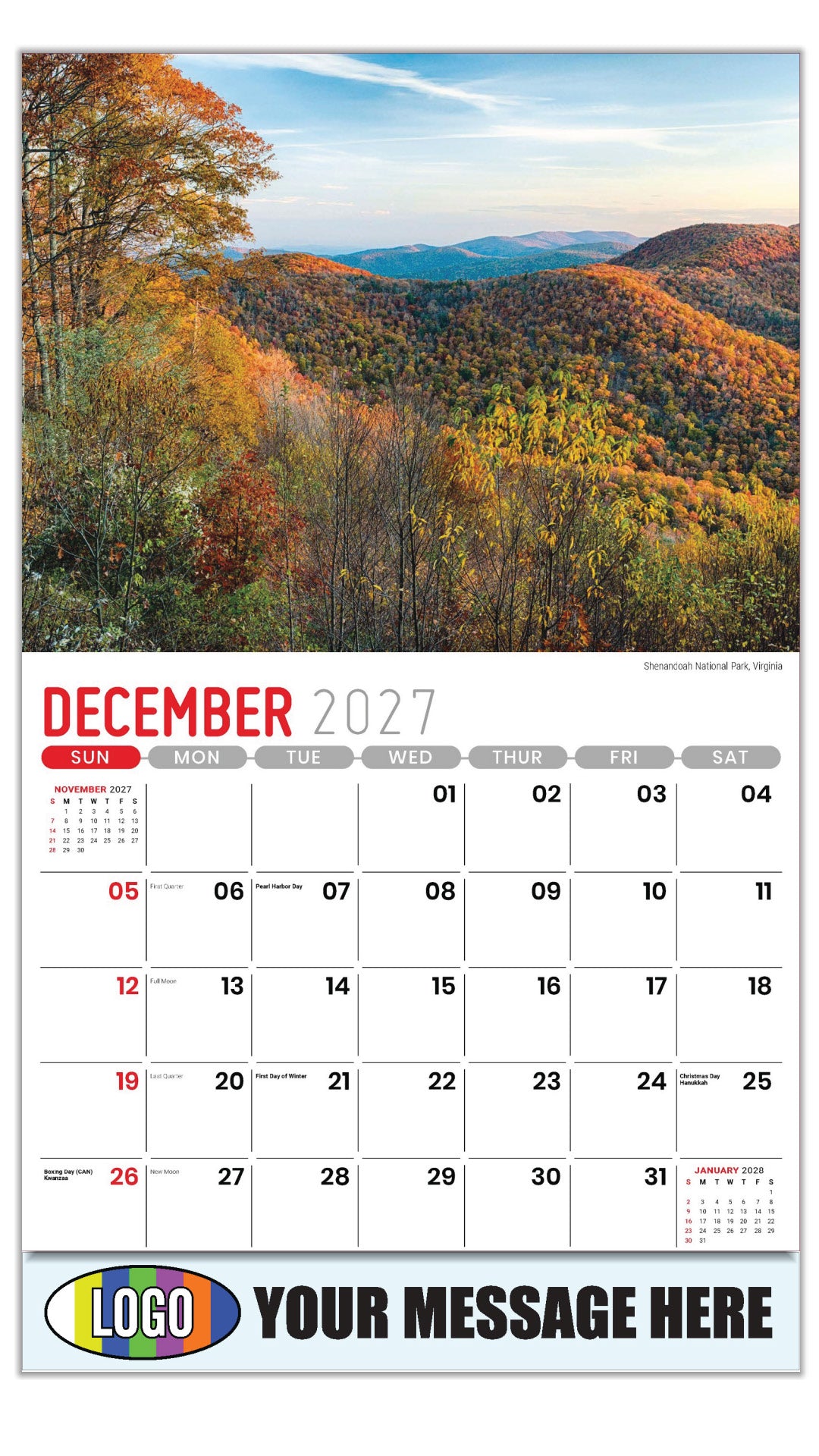2027 Business Promotion Calendar - Scenes of Southeast USA - Shenandoah National Park, Virginia - December