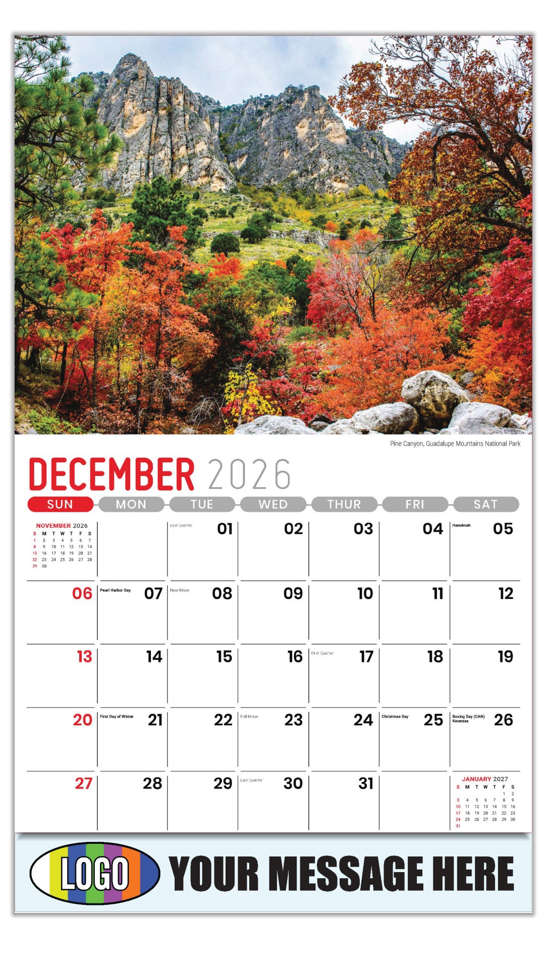 2027 Business Promotional Calendar - Scenes of Texas - Pine Canyon, Guadalupe Mountains National Park - December_a