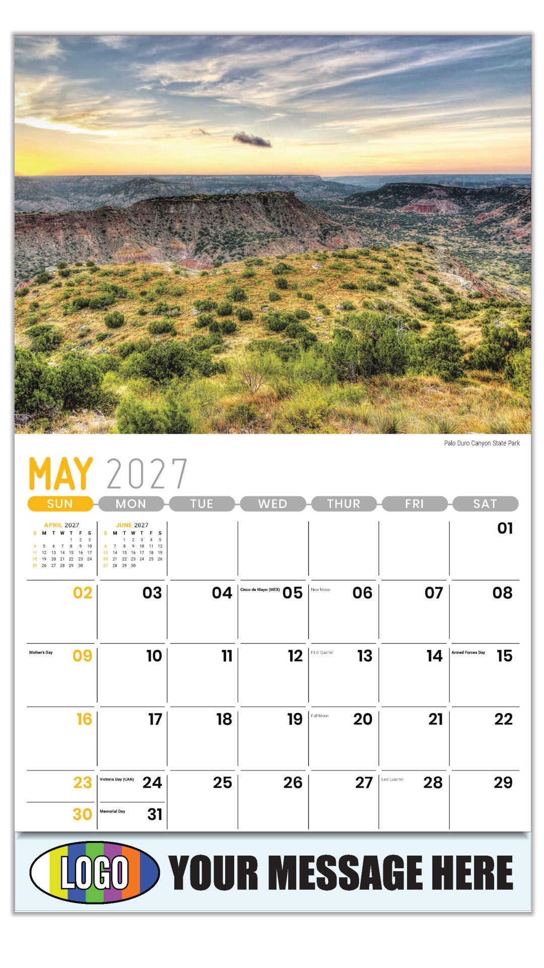 2027 Business Advertising Calendar - Scenes of Texas - Palo Duro Canyon State Park - May