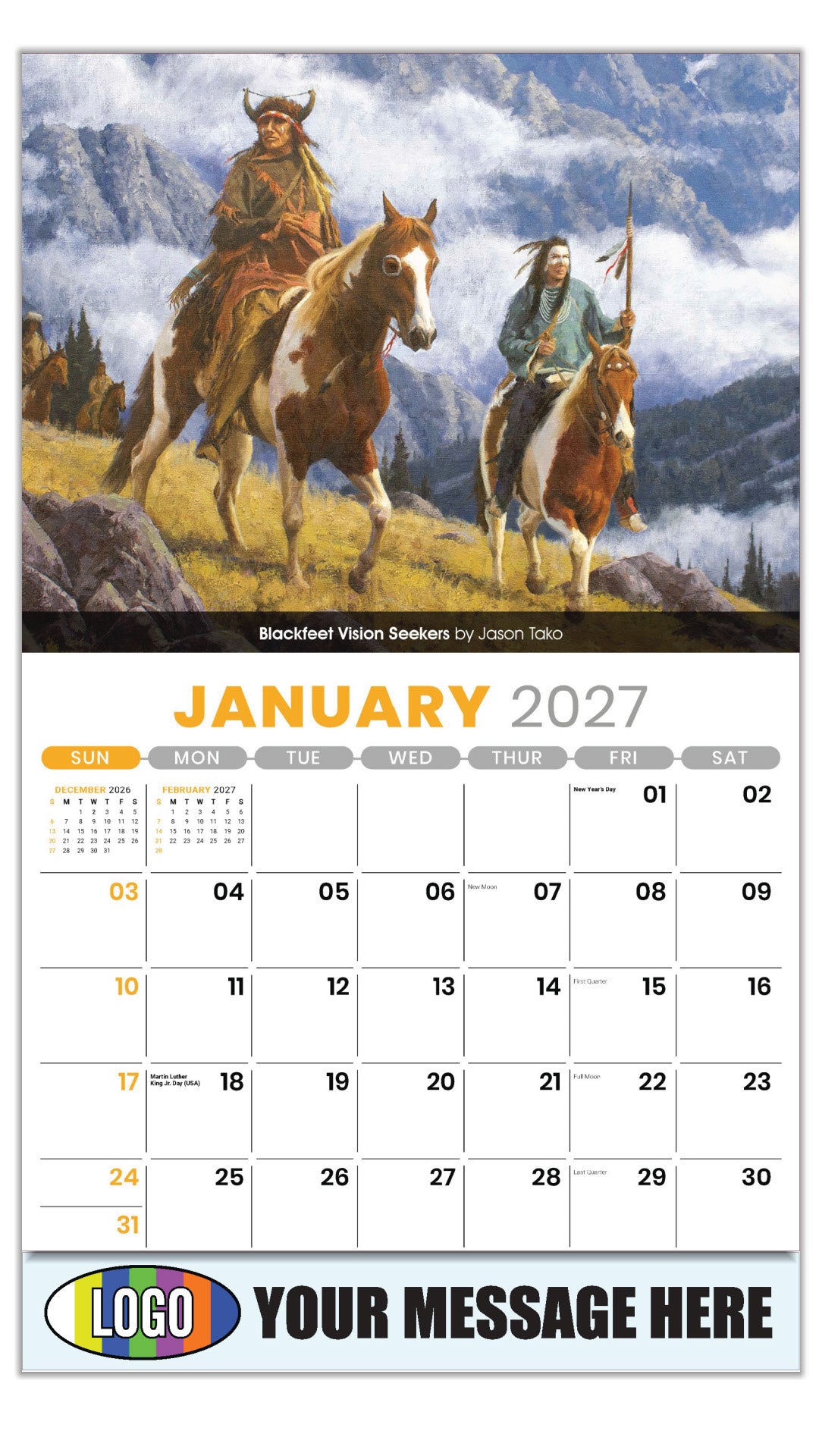 2027 Business Promotional Calendar - Spirit of the West - January - Blackfeet Vision Seekers by Jason Tako