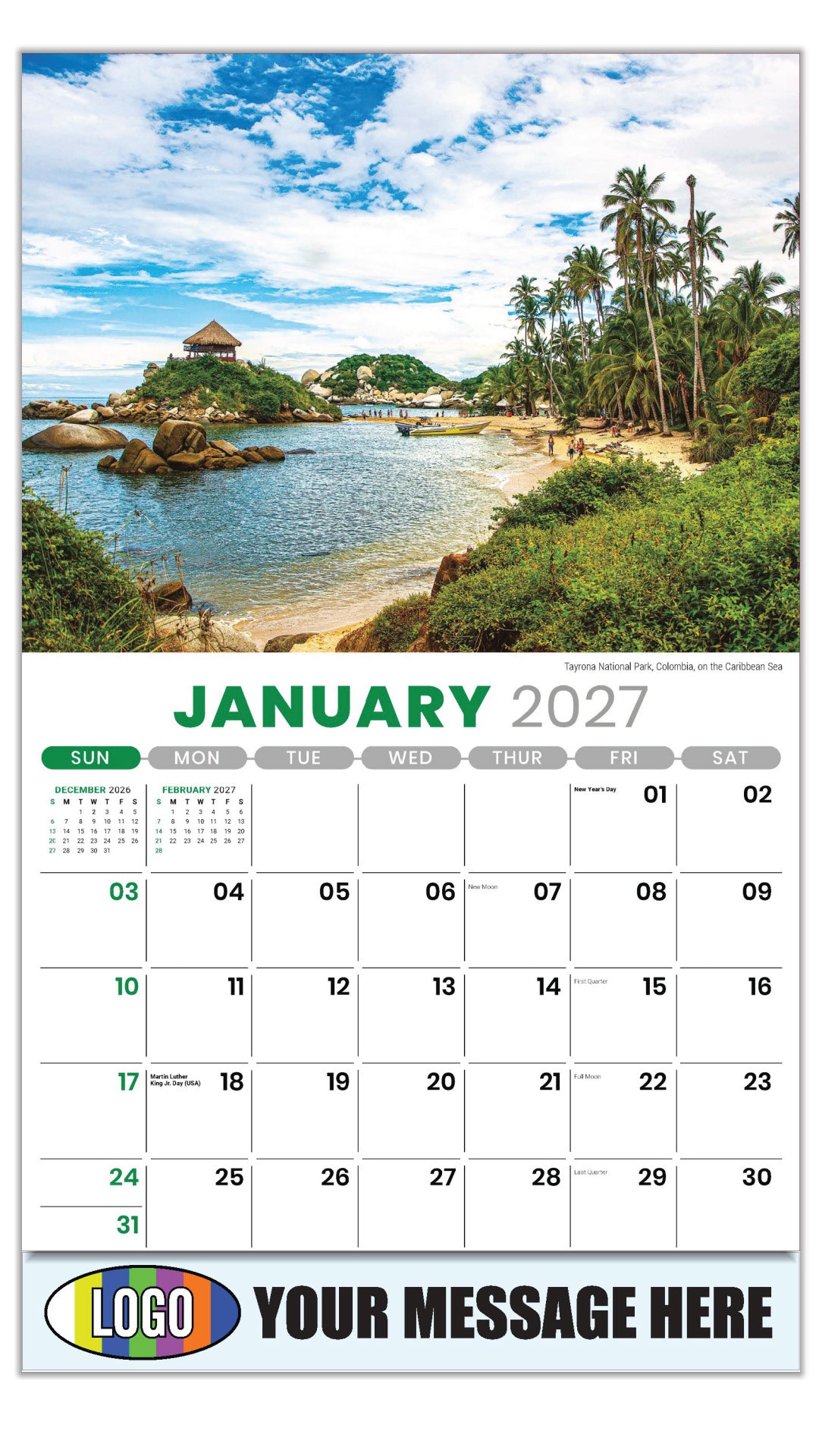 2027 Business Promotional Calendar - Sun, Sand and Surf - January - Tayrona National Park, Colombia, on the Caribbean Sea
