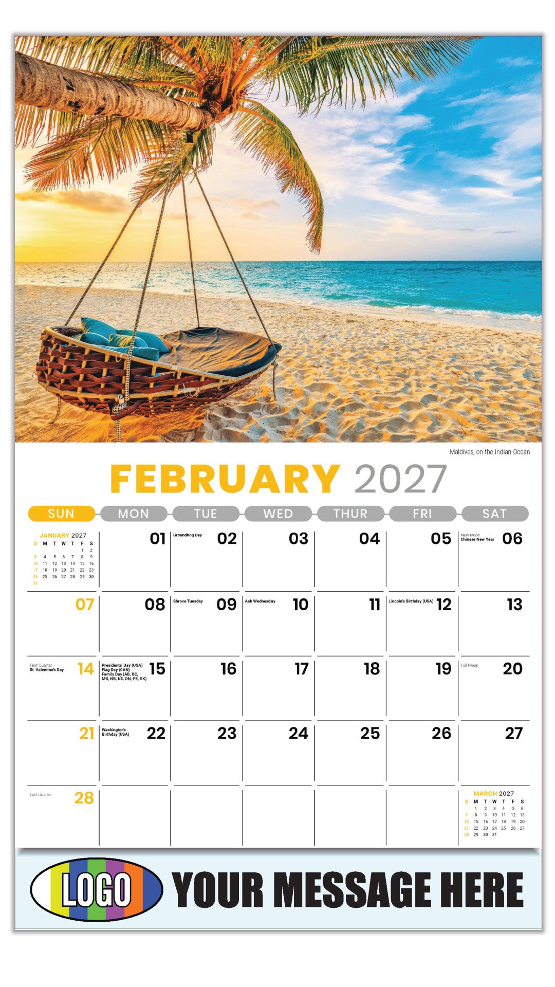 2027 Business Promotional Calendar - Sun, Sand and Surf - February - Maldives, on the Indian Ocean