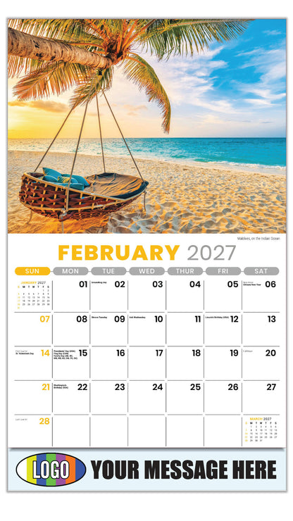2027 Business Promotional Calendar - Sun, Sand and Surf - February - Maldives, on the Indian Ocean