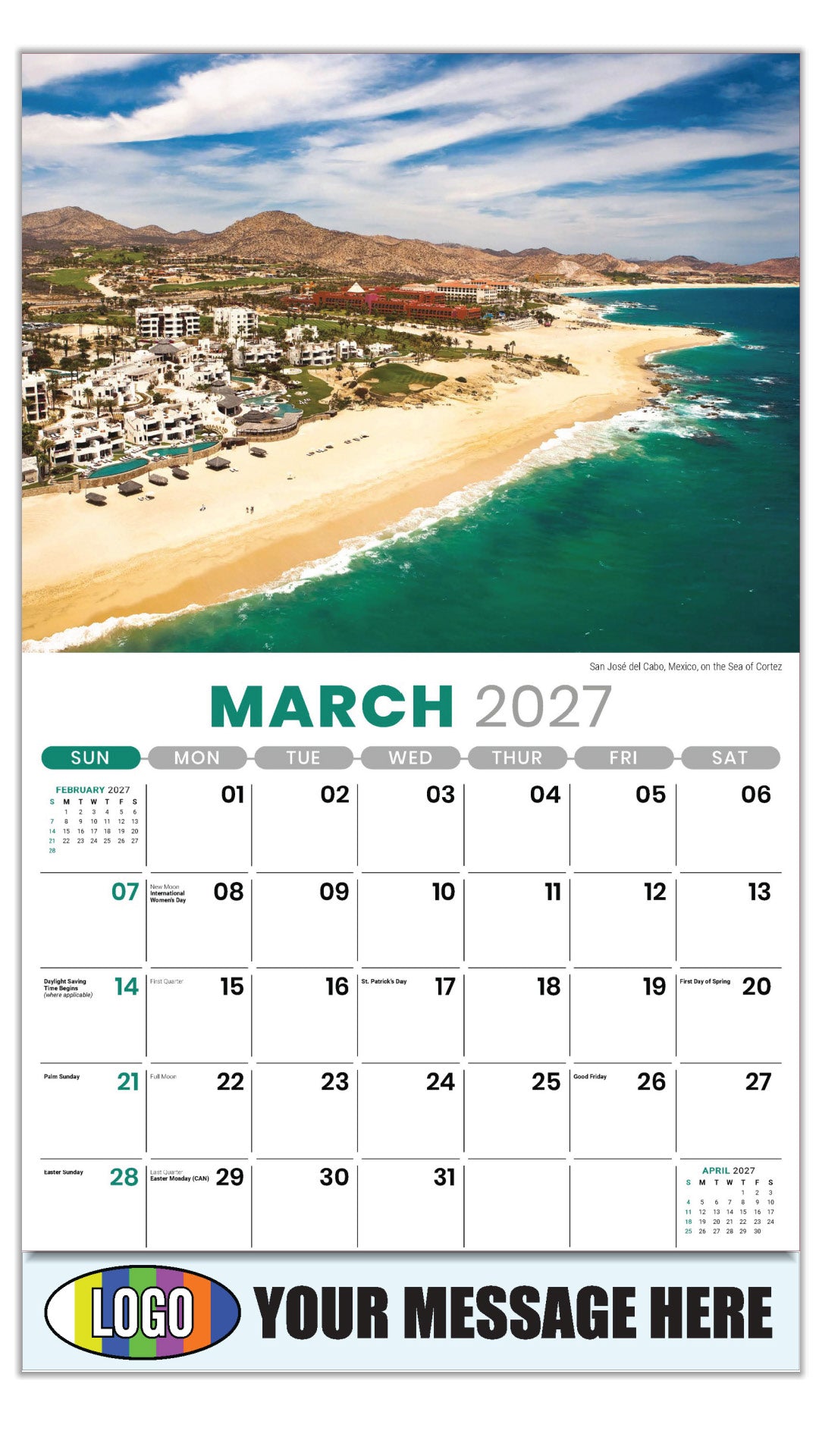 2027 Business Promotional Calendar - Sun, Sand and Surf - March - San José del Cabo, Mexico, on the Sea of Cortez