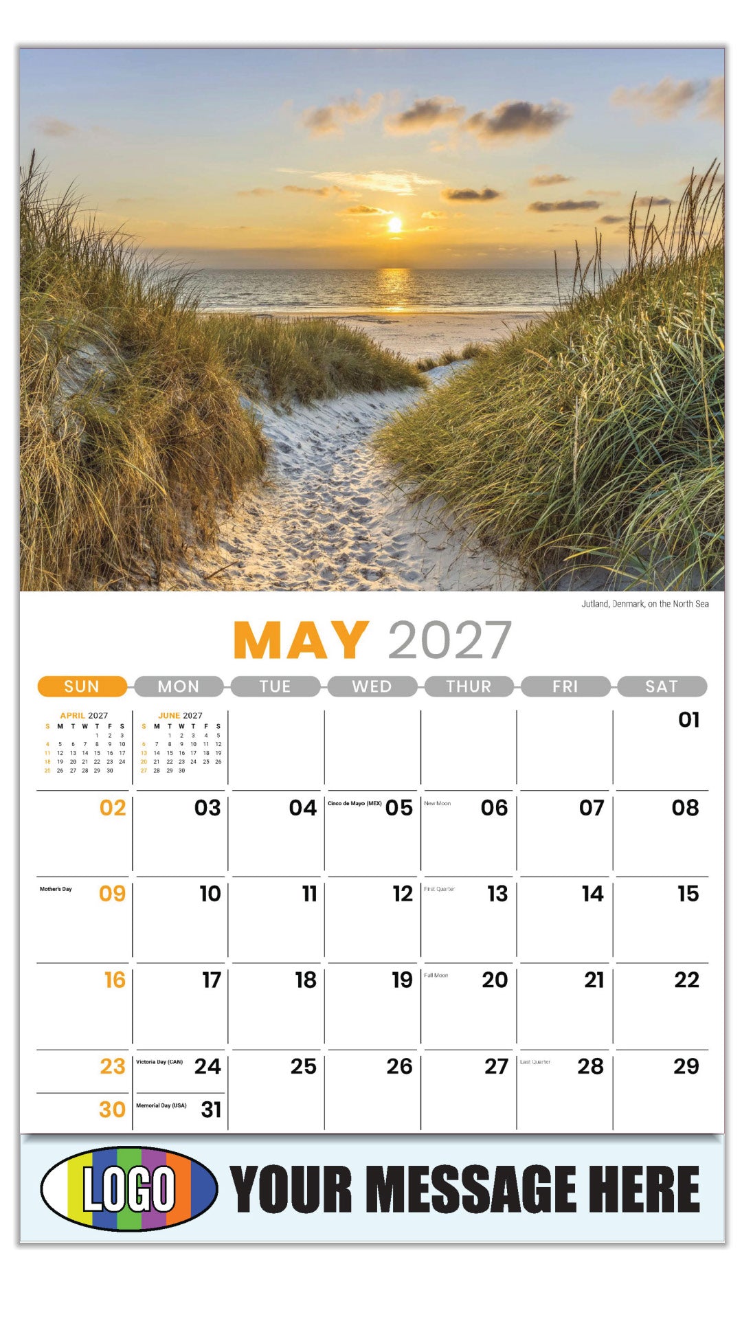 2027 Business Advertising Calendar - Sun, Sand and Surf - May - Jutland, Denmark, on the North Sea