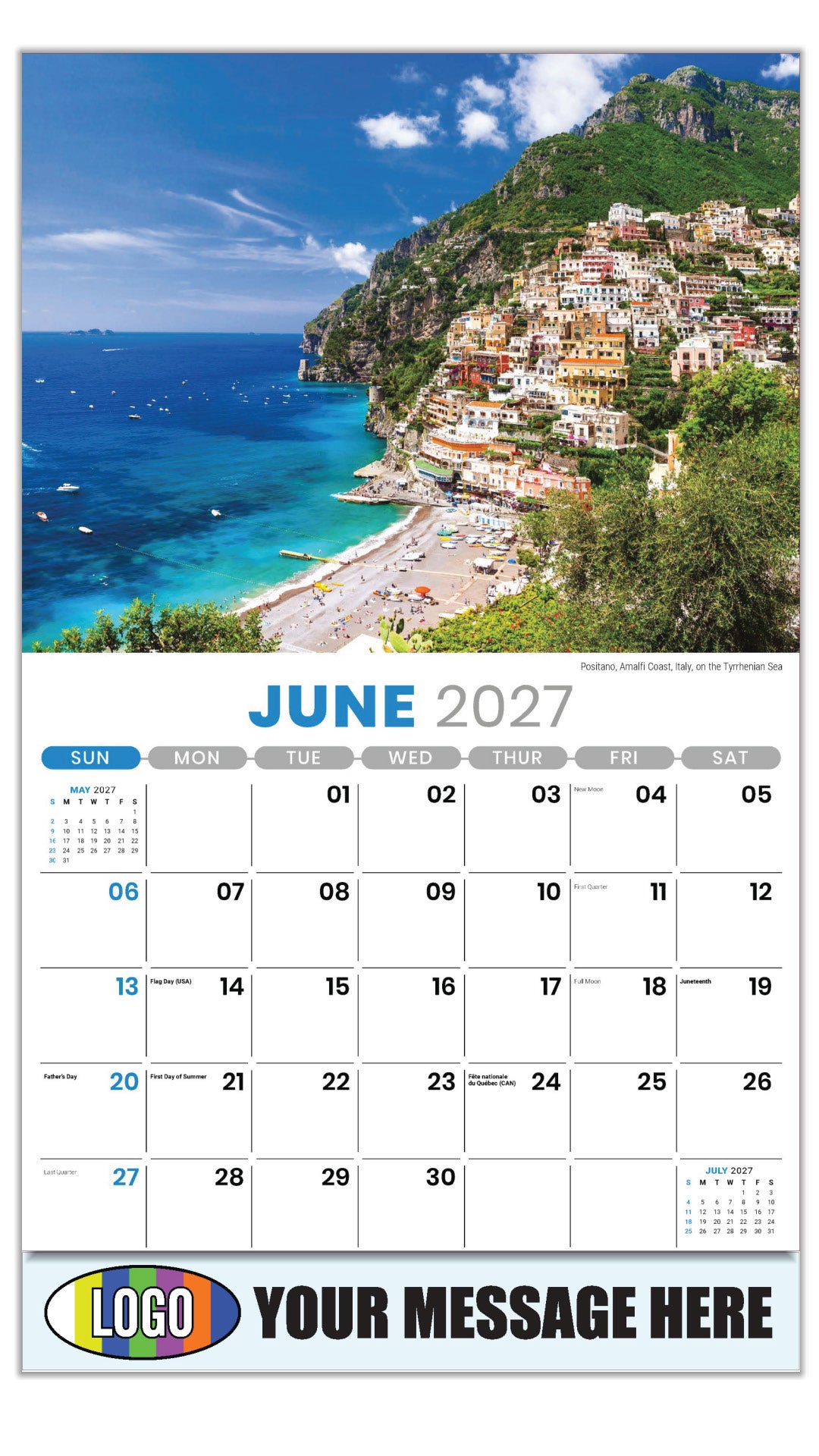 2027 Business Advertising Calendar - Sun, Sand and Surf - June - Positano, Amalfi Coast, Italy, on the Tyrrhenian Sea