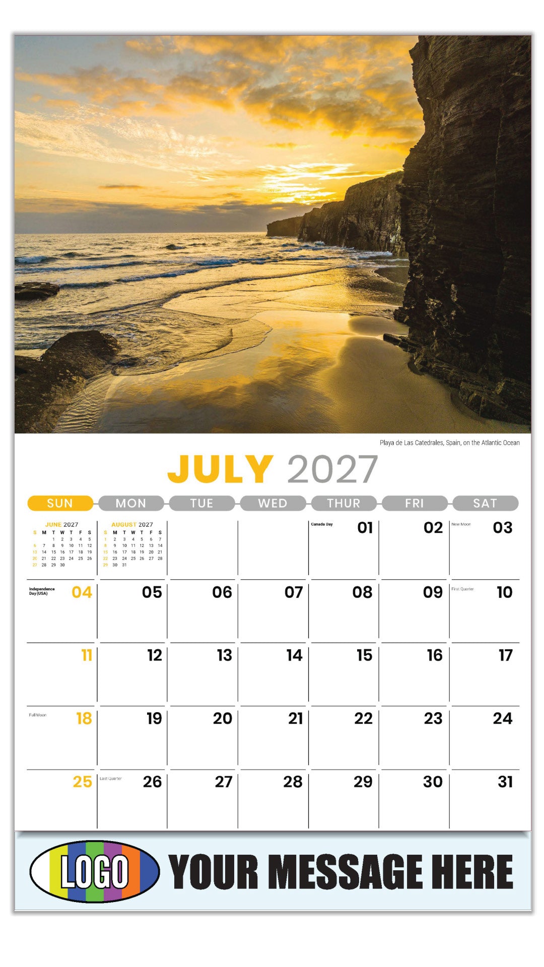 2027 Business Promo Calendar - Sun, Sand and Surf - July - Playa de Las Catedrales, Spain, on the Atlantic Ocean
