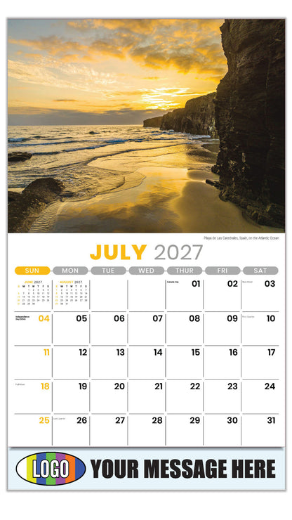 2027 Business Promo Calendar - Sun, Sand and Surf - July - Playa de Las Catedrales, Spain, on the Atlantic Ocean