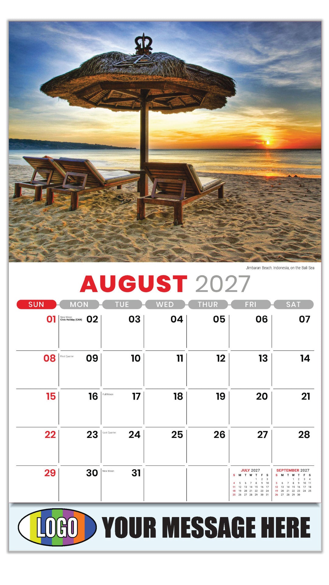 2027 Business Promo Calendar - Sun, Sand and Surf - August - Jimbaran Beach, Indonesia, on the Bali Sea