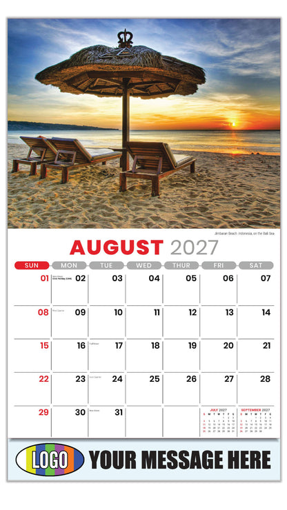 2027 Business Promo Calendar - Sun, Sand and Surf - August - Jimbaran Beach, Indonesia, on the Bali Sea