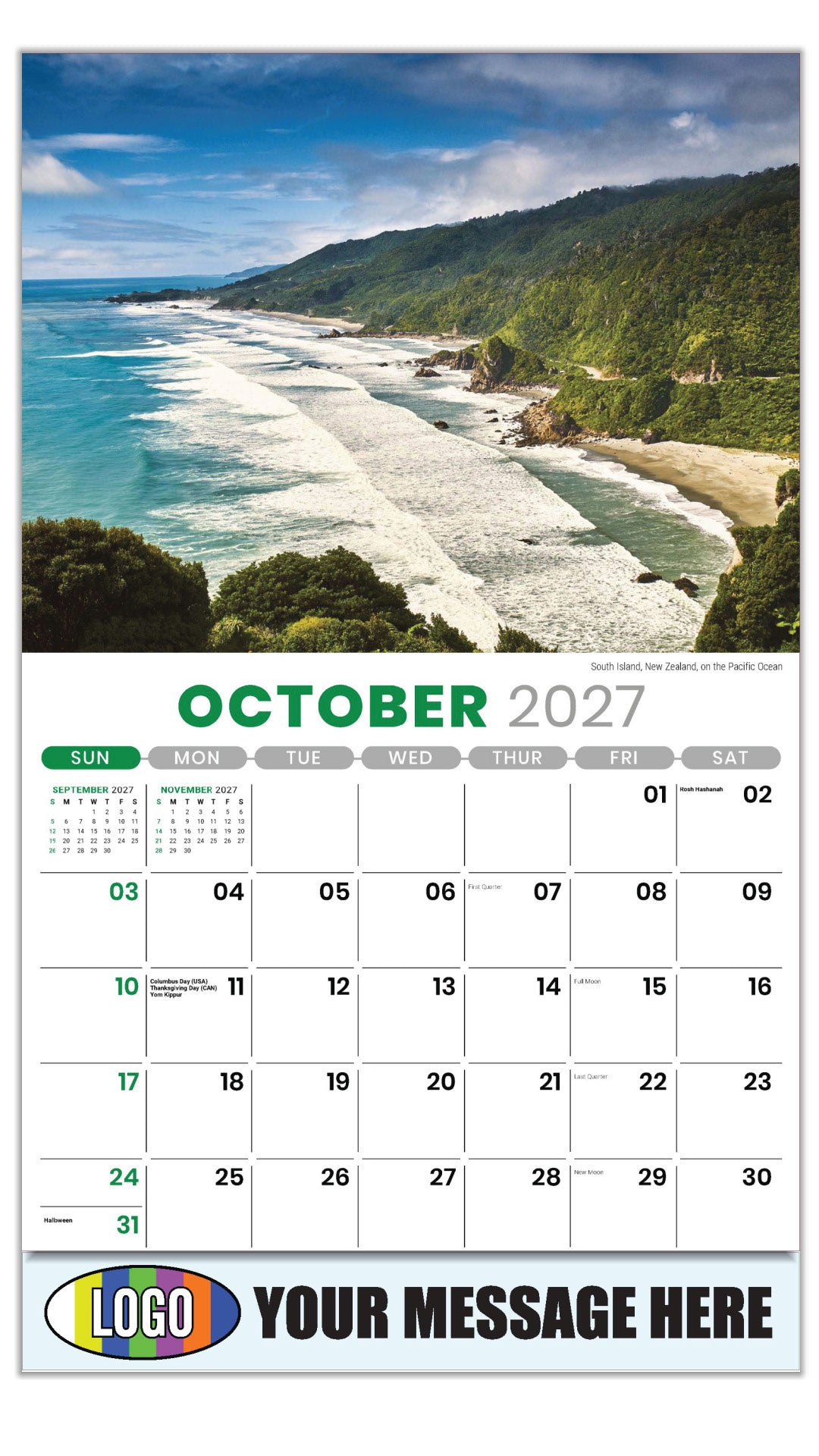 2027 Business Promotion Calendar - Sun, Sand and Surf - October - South Island, New Zealand, on the Pacific Ocean