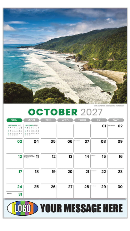 2027 Business Promotion Calendar - Sun, Sand and Surf - October - South Island, New Zealand, on the Pacific Ocean