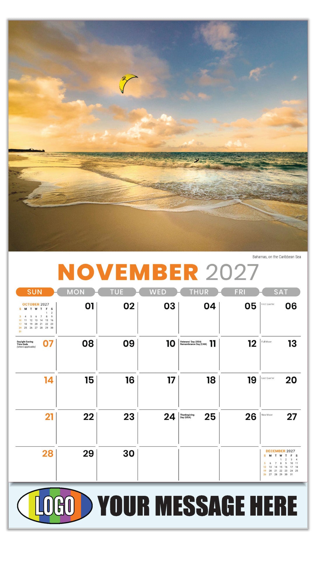 2027 Business Promotion Calendar - Sun, Sand and Surf - November - Bahamas, on the Caribbean Sea