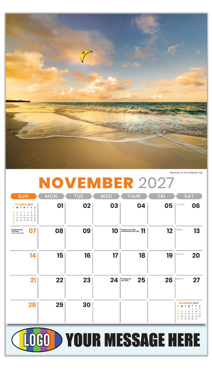 2027 Business Promotion Calendar - Sun, Sand and Surf - November - Bahamas, on the Caribbean Sea