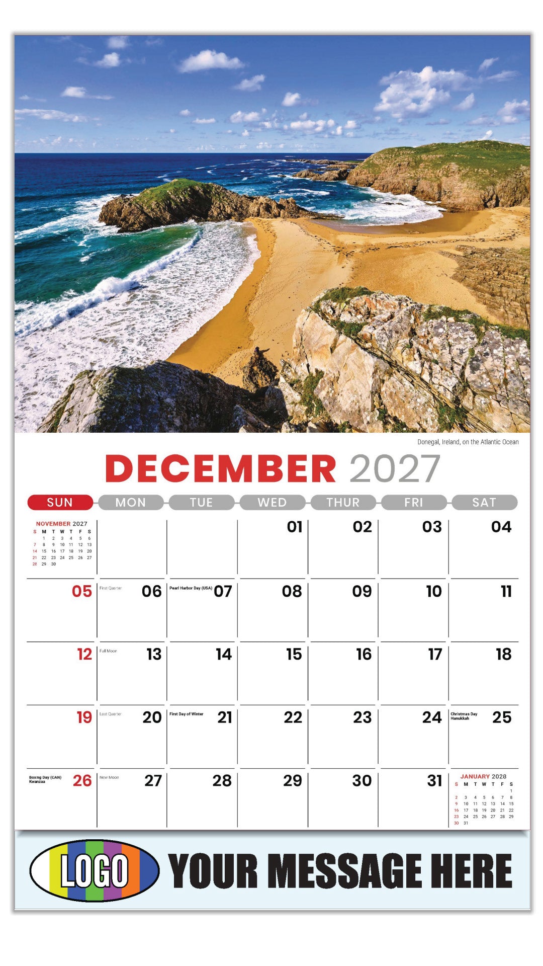 2027 Business Promotion Calendar - Sun, Sand and Surf - December - Donegal, Ireland, on the Atlantic Ocean