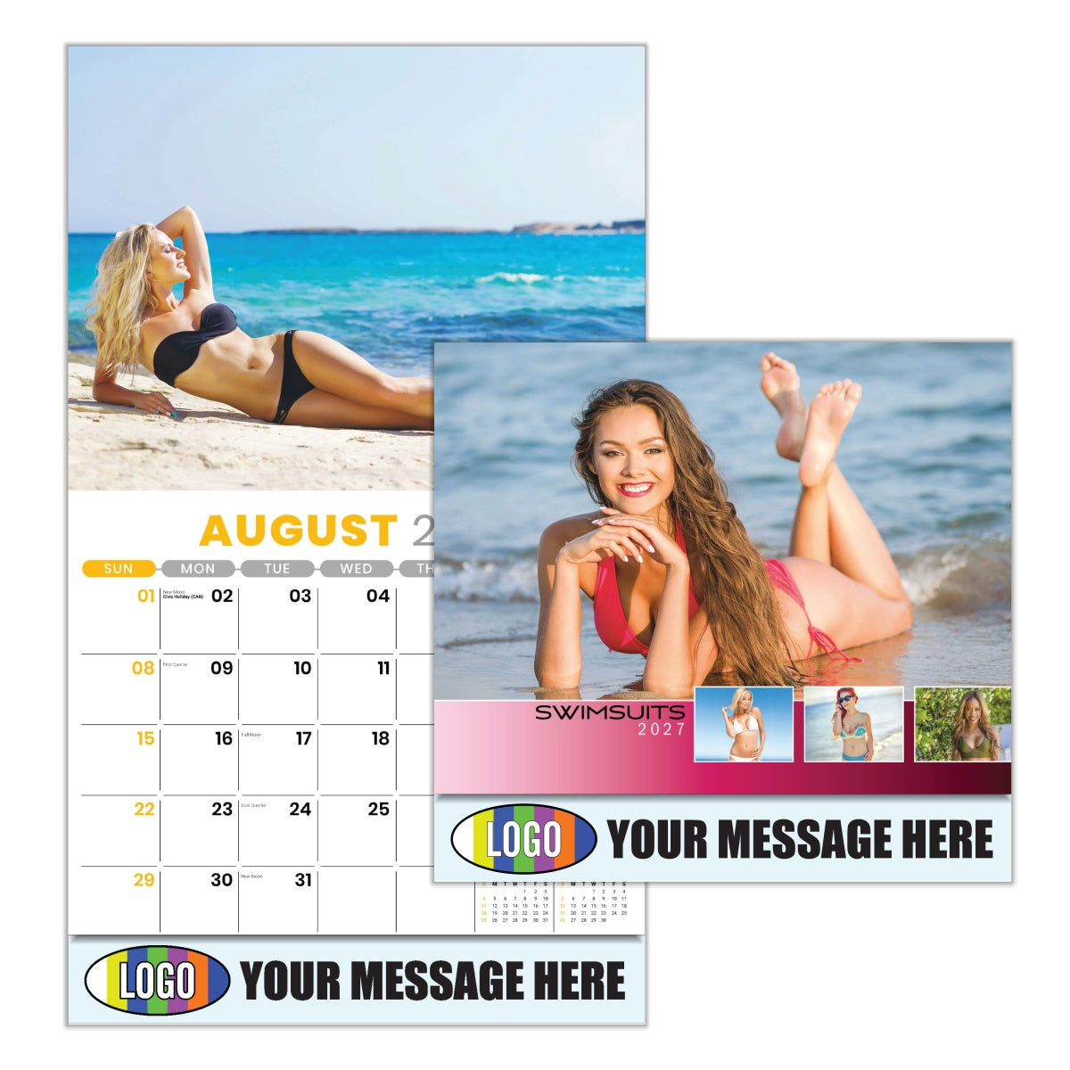 Calendar with beach-themed design featuring women in a swimsuit, with space for branding and text.